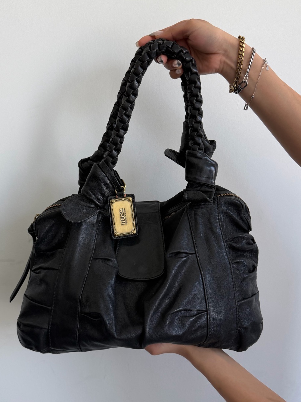 Hugo Boss Black Leather Braided-Handle Satchel